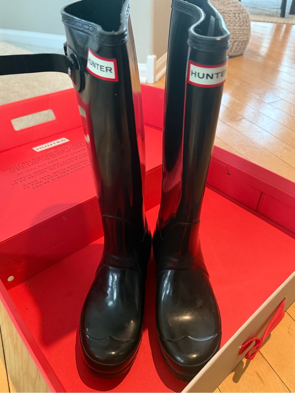 Hunter Gloss Black Tall Rain Boots with Red Logo Trim